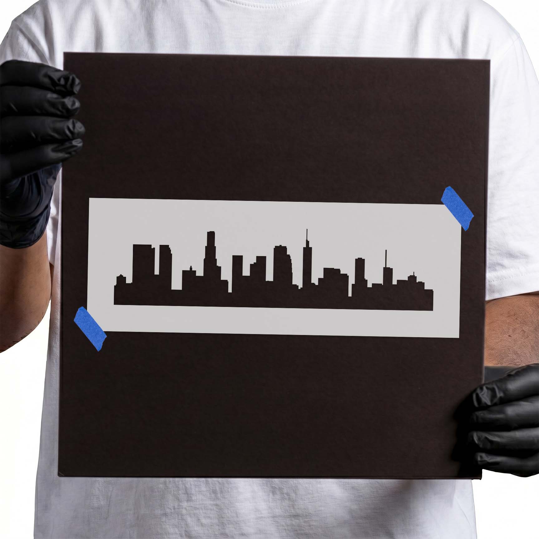 Los Angeles skyline stencil with varied towers and high-rise silhouettes