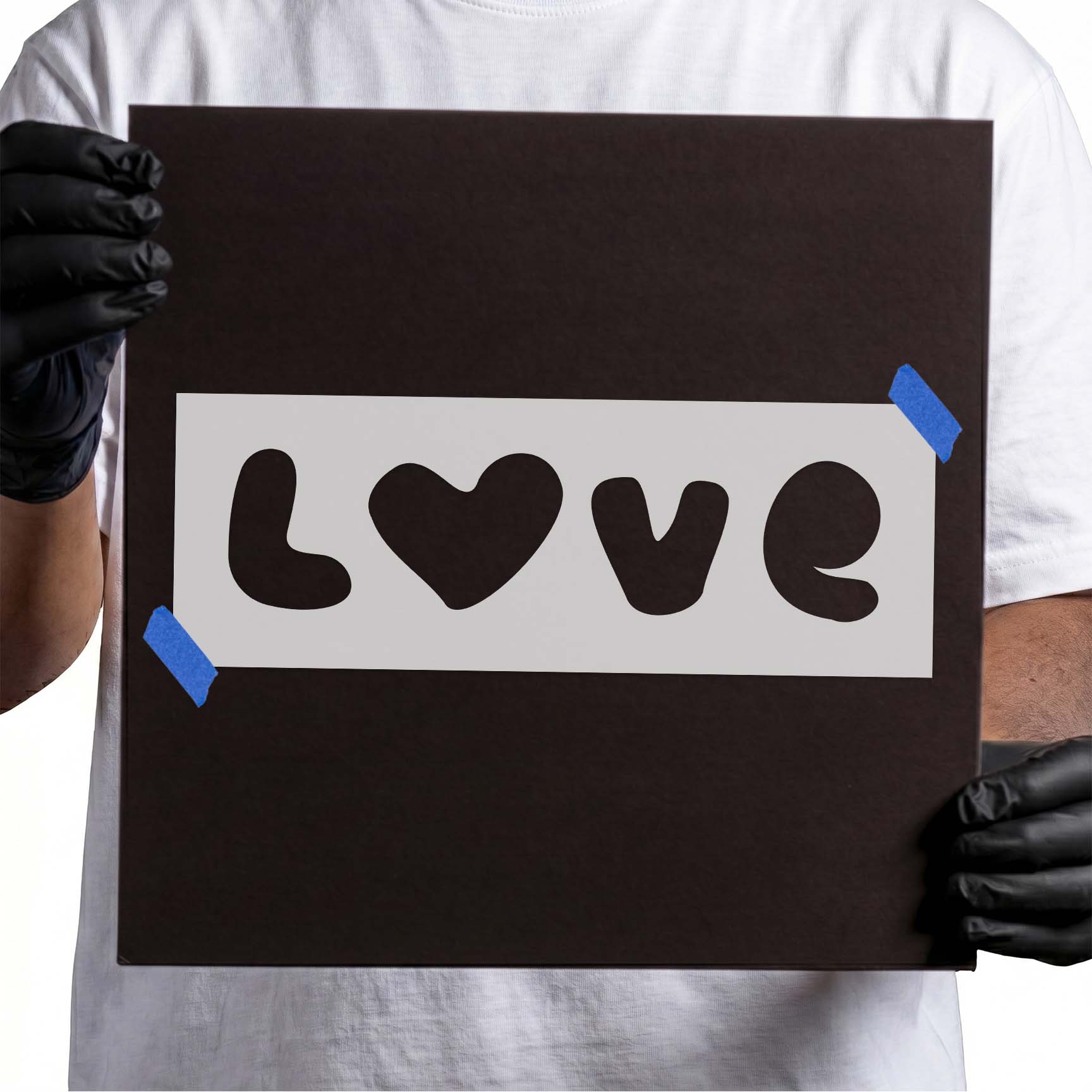 Love lettering stencil with heart replacing the letter O