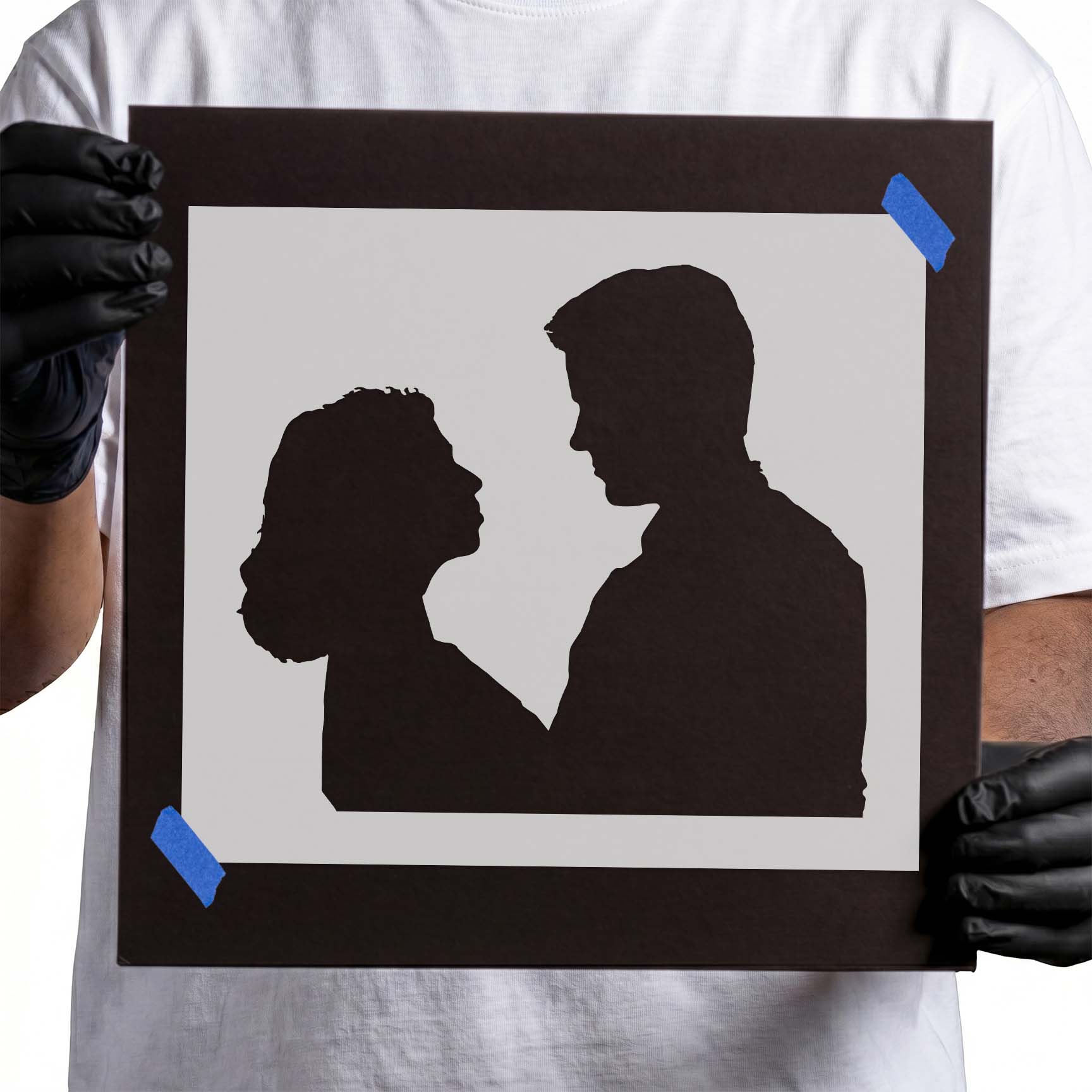 Silhouette of a loving couple facing each other stencil