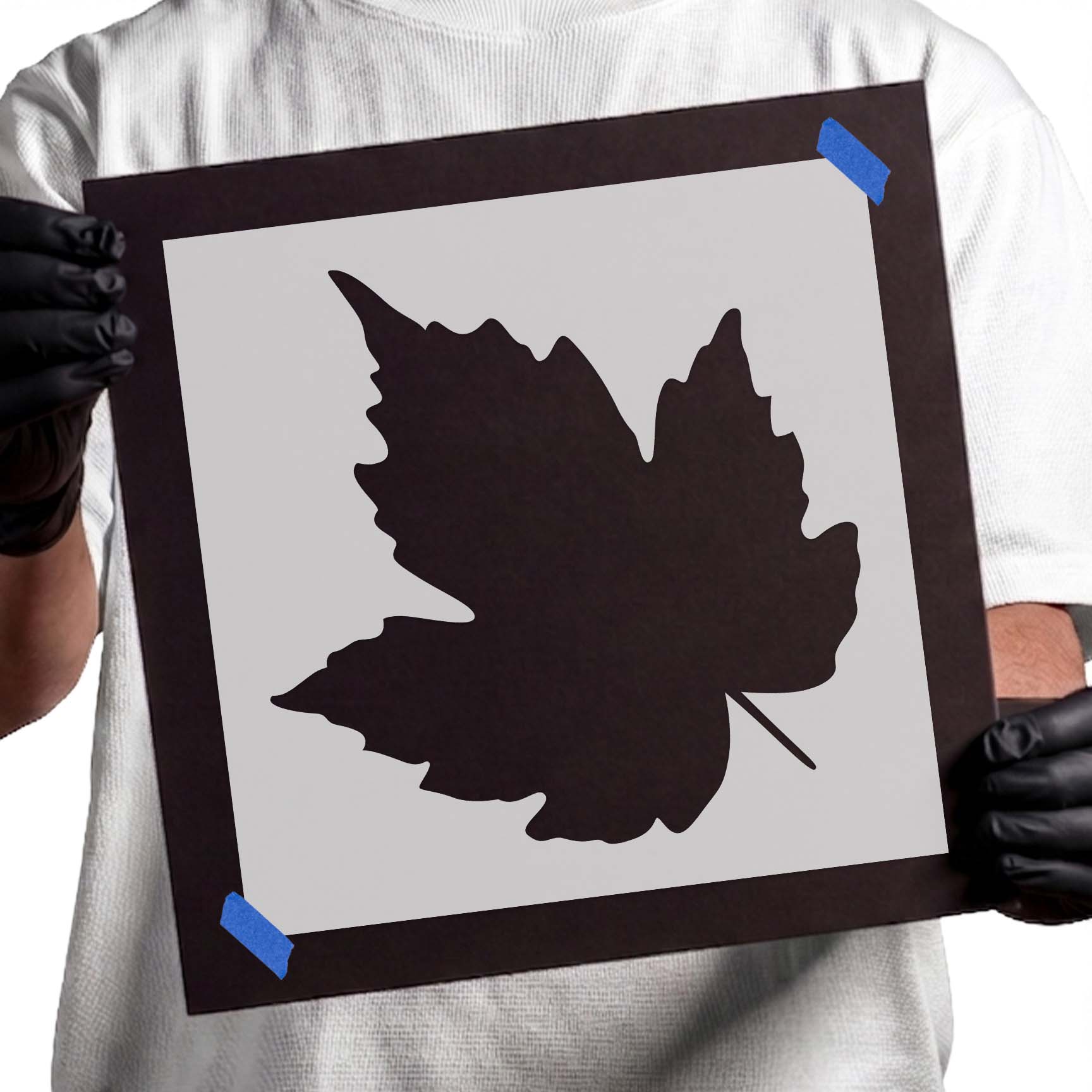 Maple leaf stencil with broad pointed lobes and slender stem