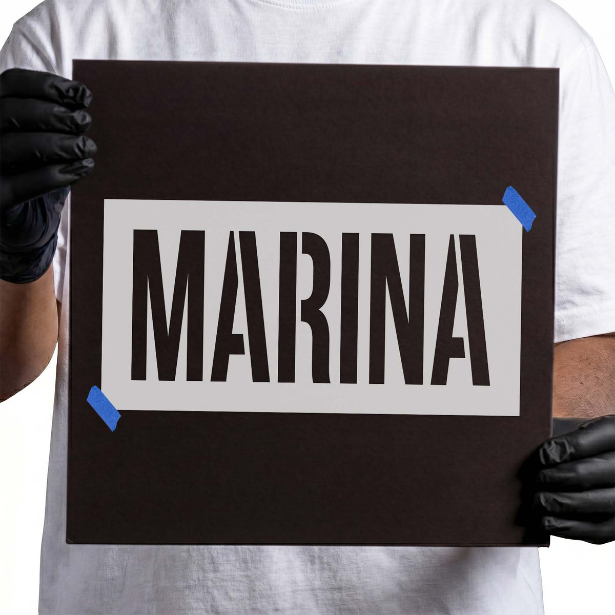 Marina stencil featuring bold uppercase block lettering