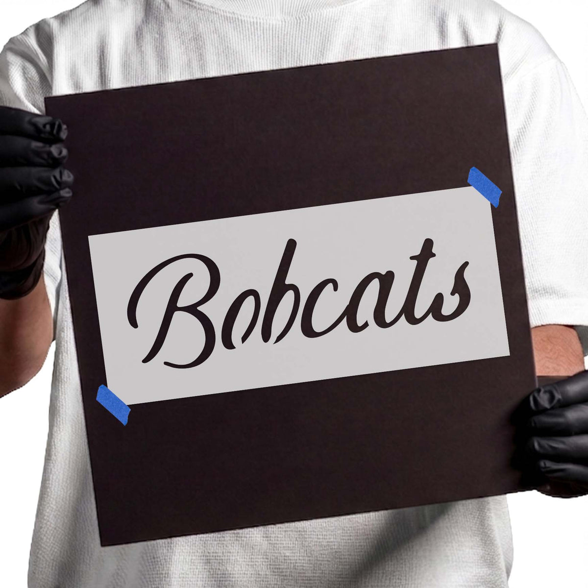 Bobcats mascot stencil with flowing cursive lettering