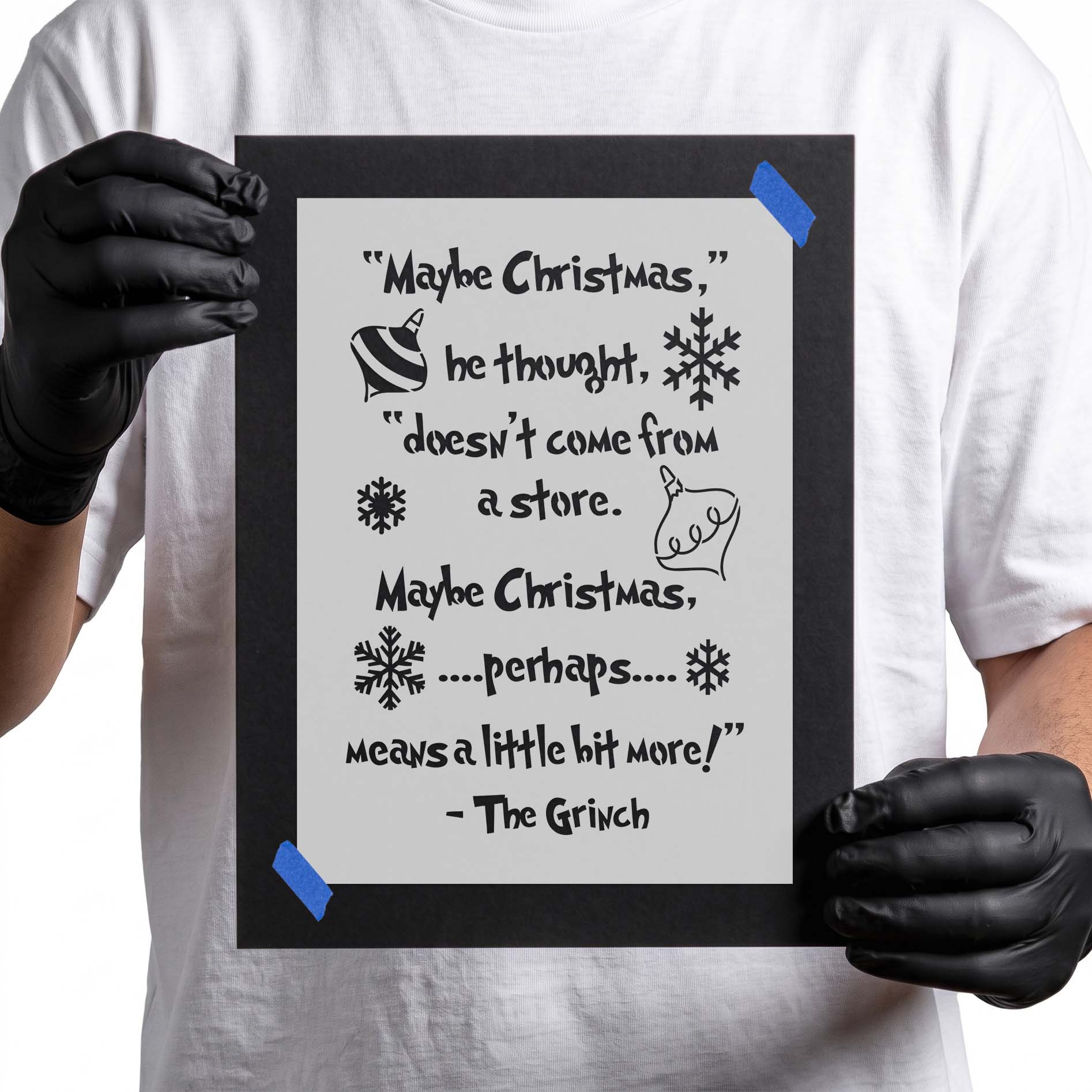 Christmas quote stencil with festive snowflakes and ornament details