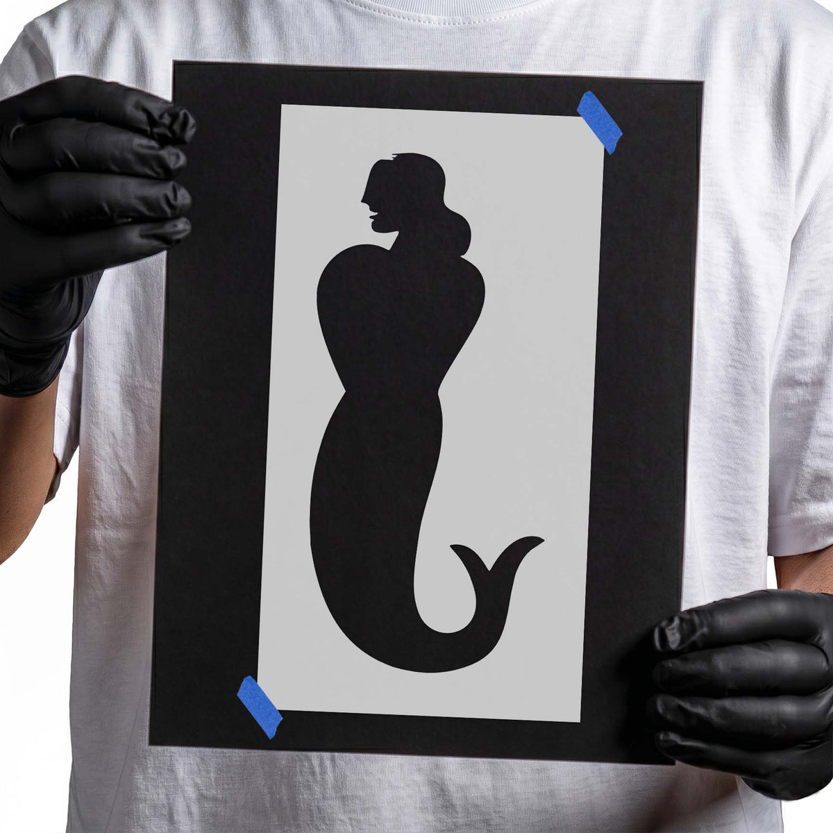 Mermaid stencil with side profile and long curved tail silhouette
