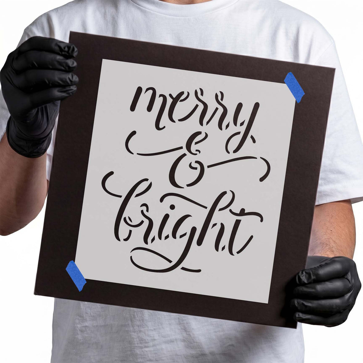 Merry and Bright Script Stencil featuring elegant hand-lettered holiday wording