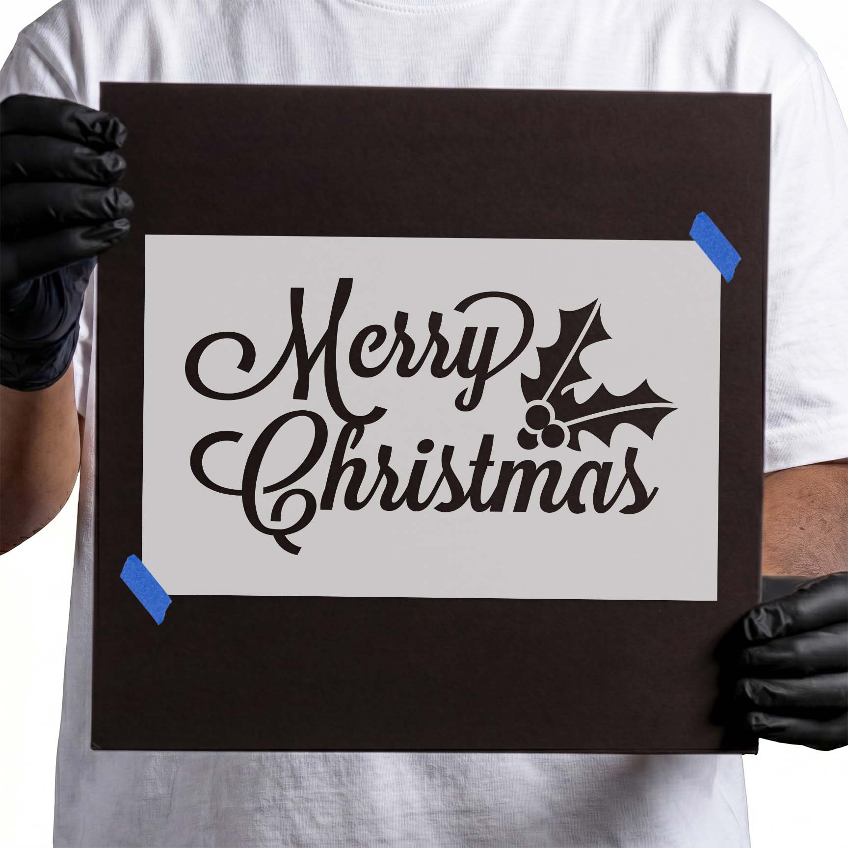 Merry Christmas script stencil with festive leaves and berry accents