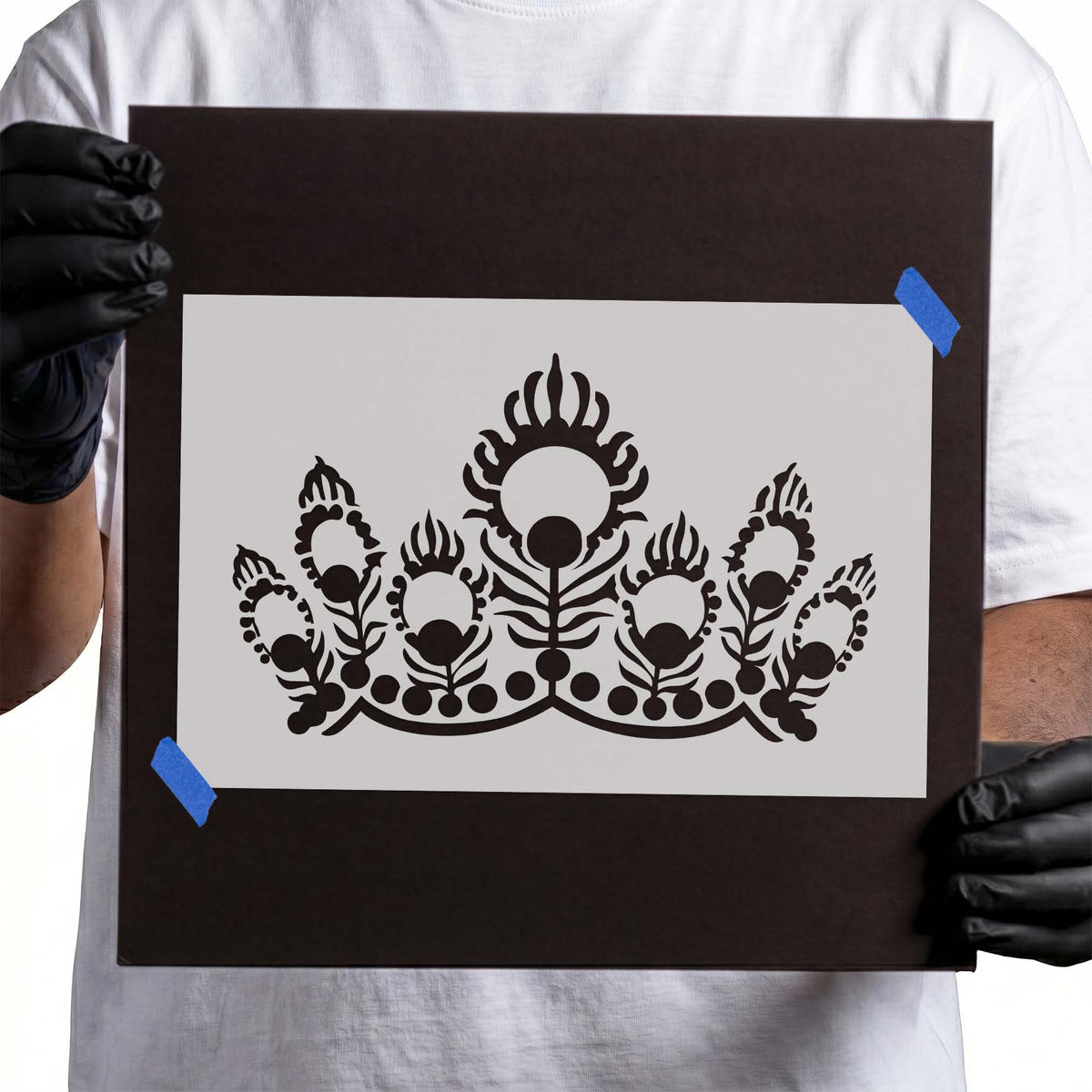 Ornate pageant crown stencil with circular jewels and decorative flourishes