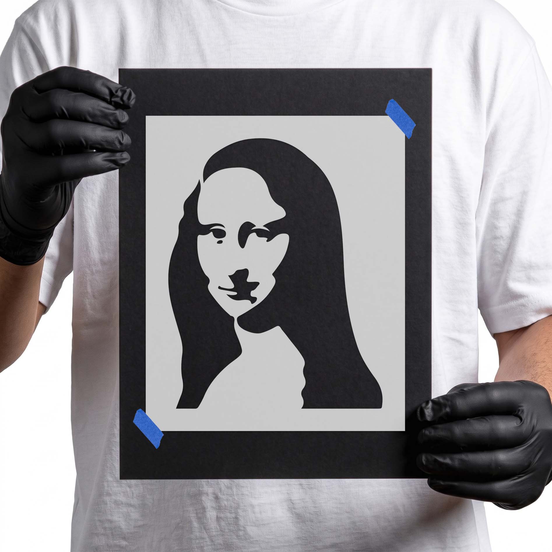 Mona Lisa stencil with simplified facial features and long flowing hair