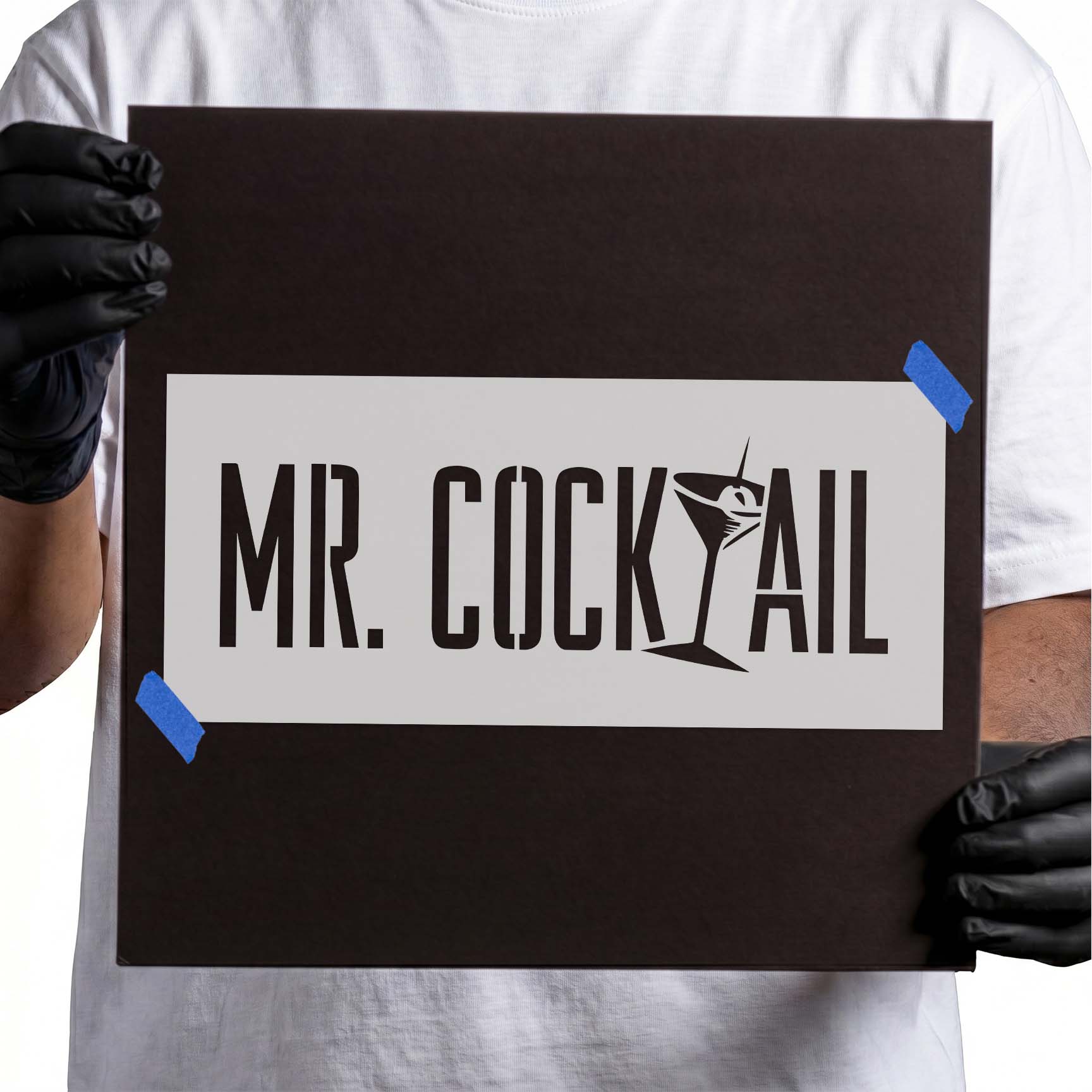 Mr Cocktail text with martini glass stencil