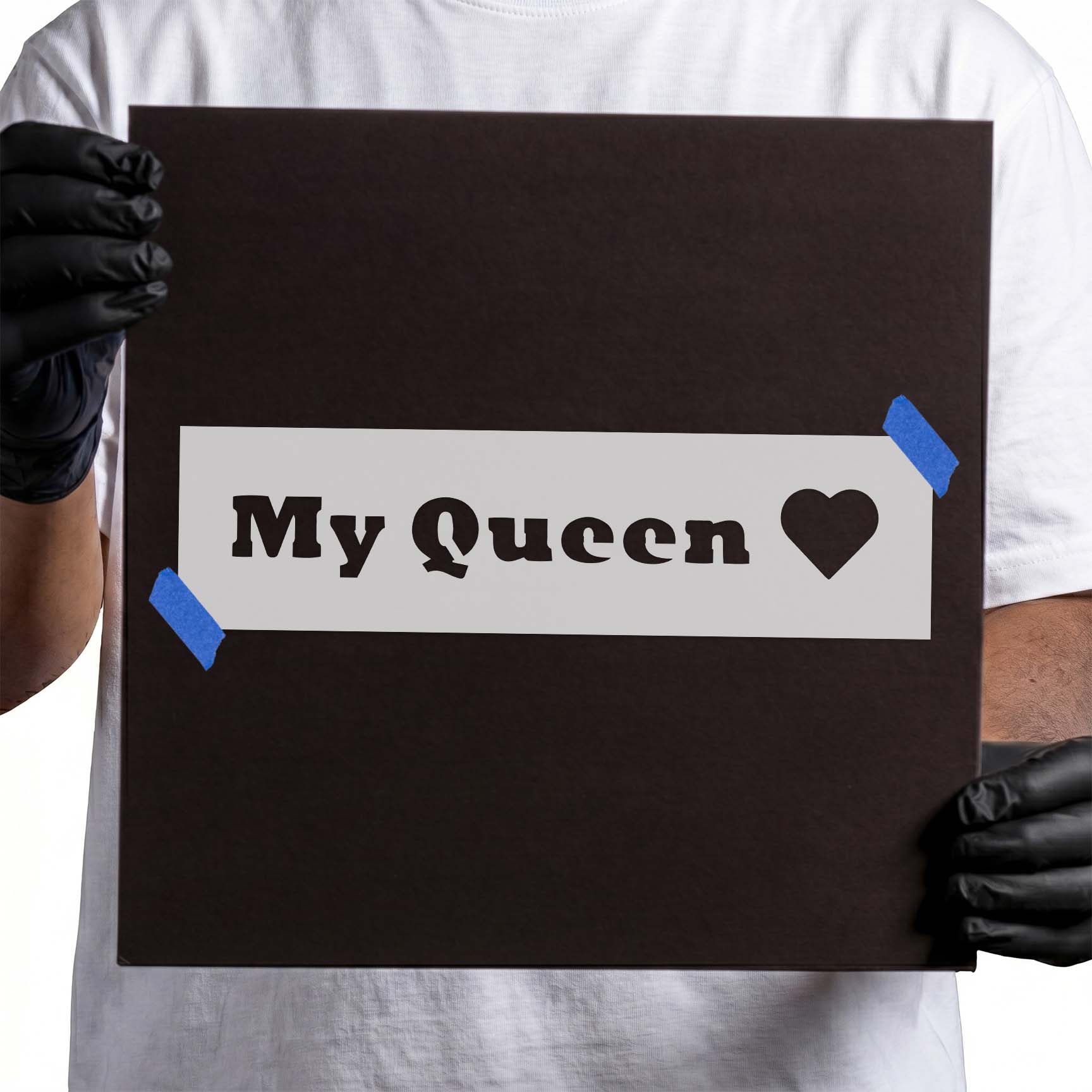 My Queen lettering stencil with a solid heart symbol