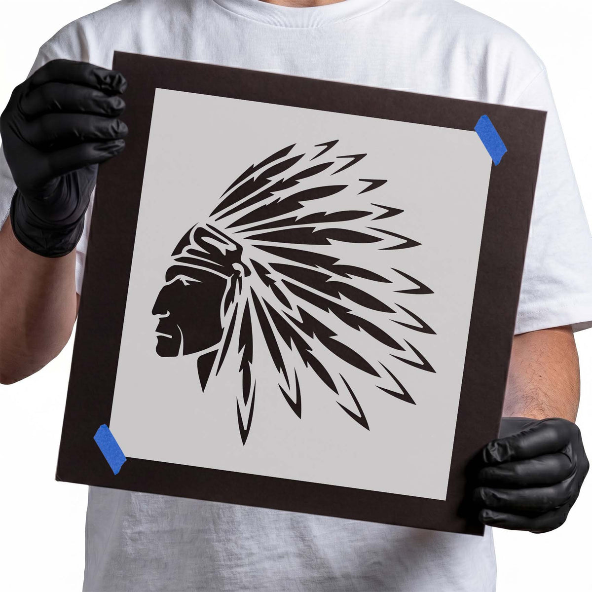 Native American profile stencil with detailed feather headdress