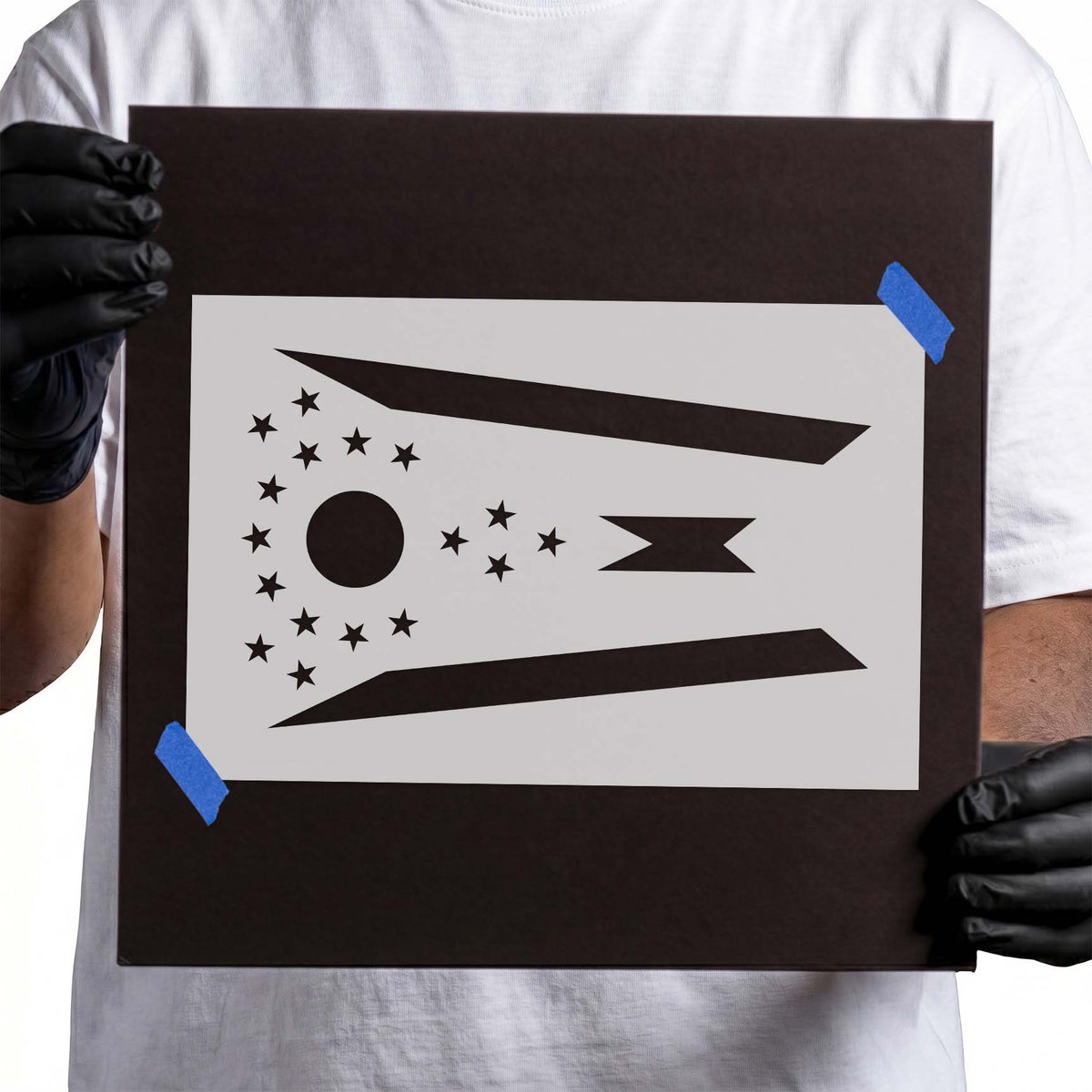 Ohio flag stencil with swallowtail shape, stars, circle and angular stripes