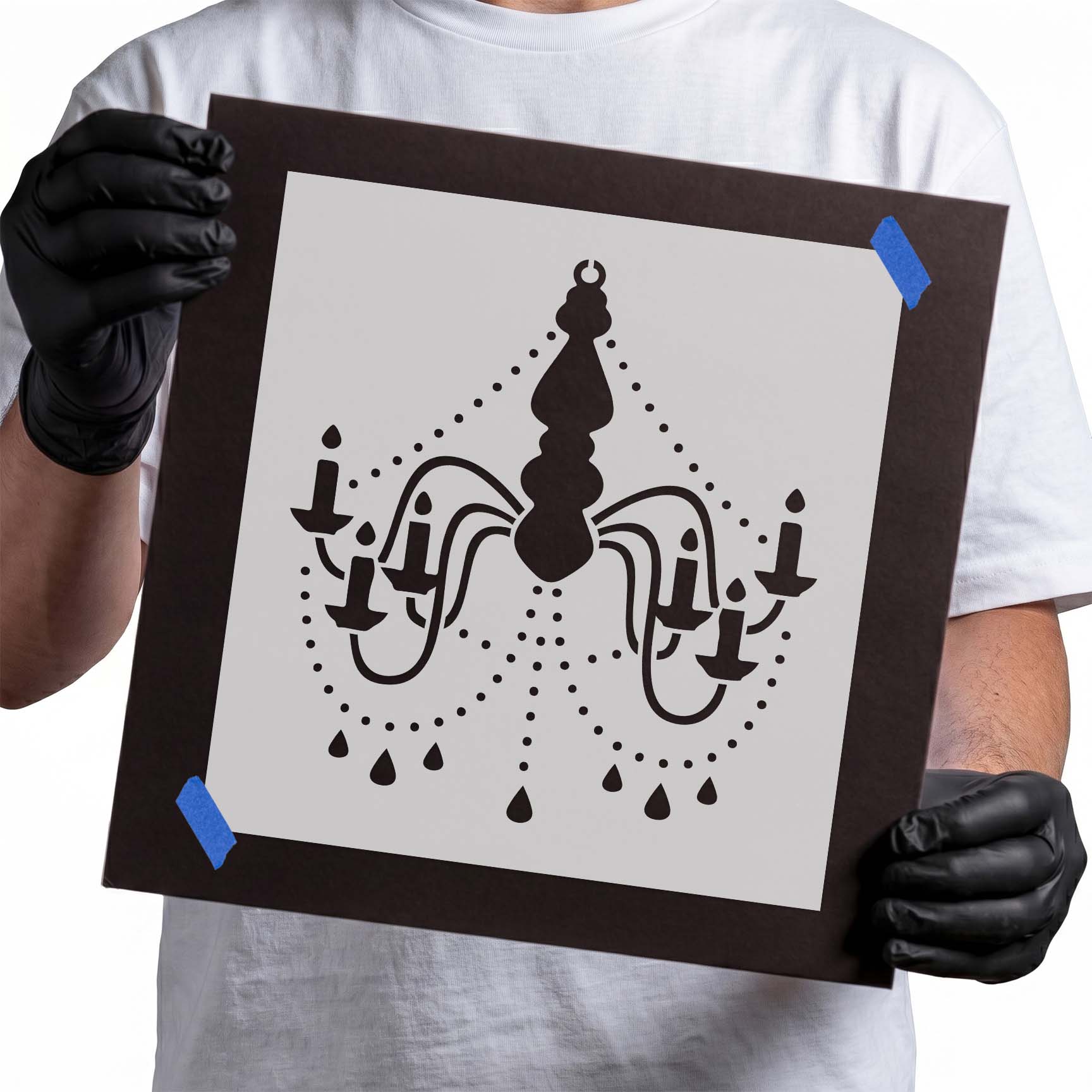 Ornate chandelier stencil with candle lights and hanging droplets