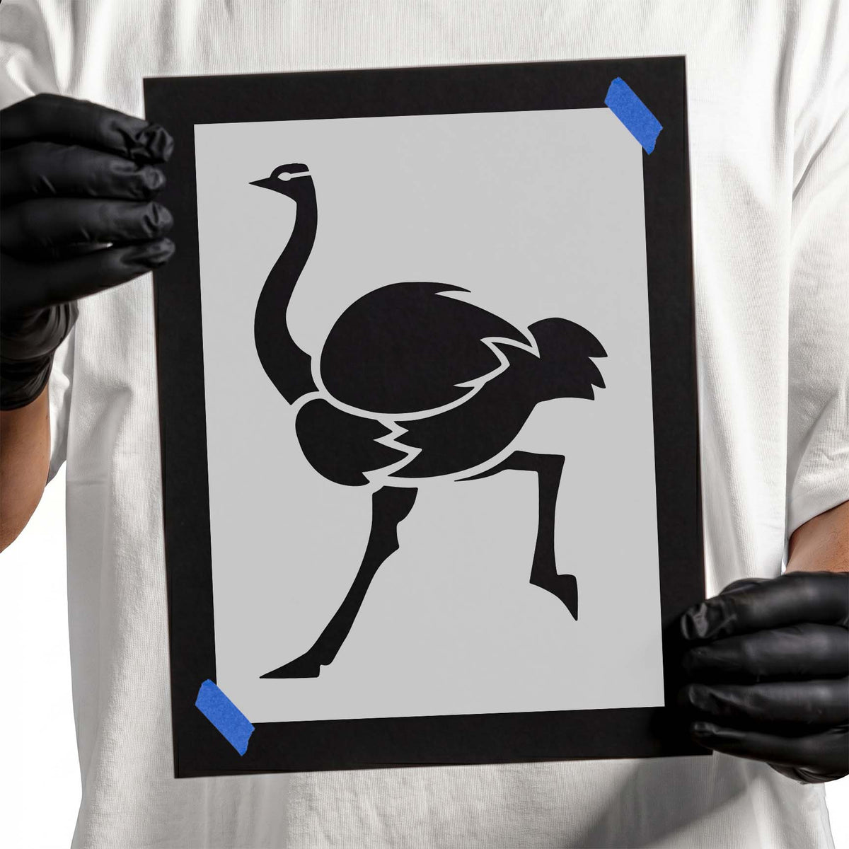 Ostrich stencil with long neck, feathered body, tail, and long legs
