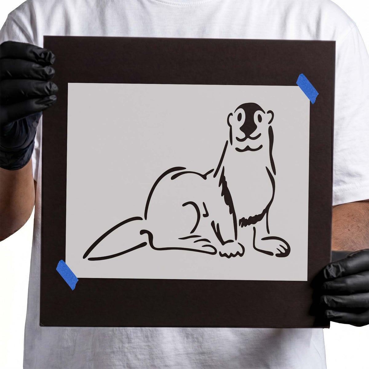 Otter stencil with upright pose, rounded face, paws, and long tail
