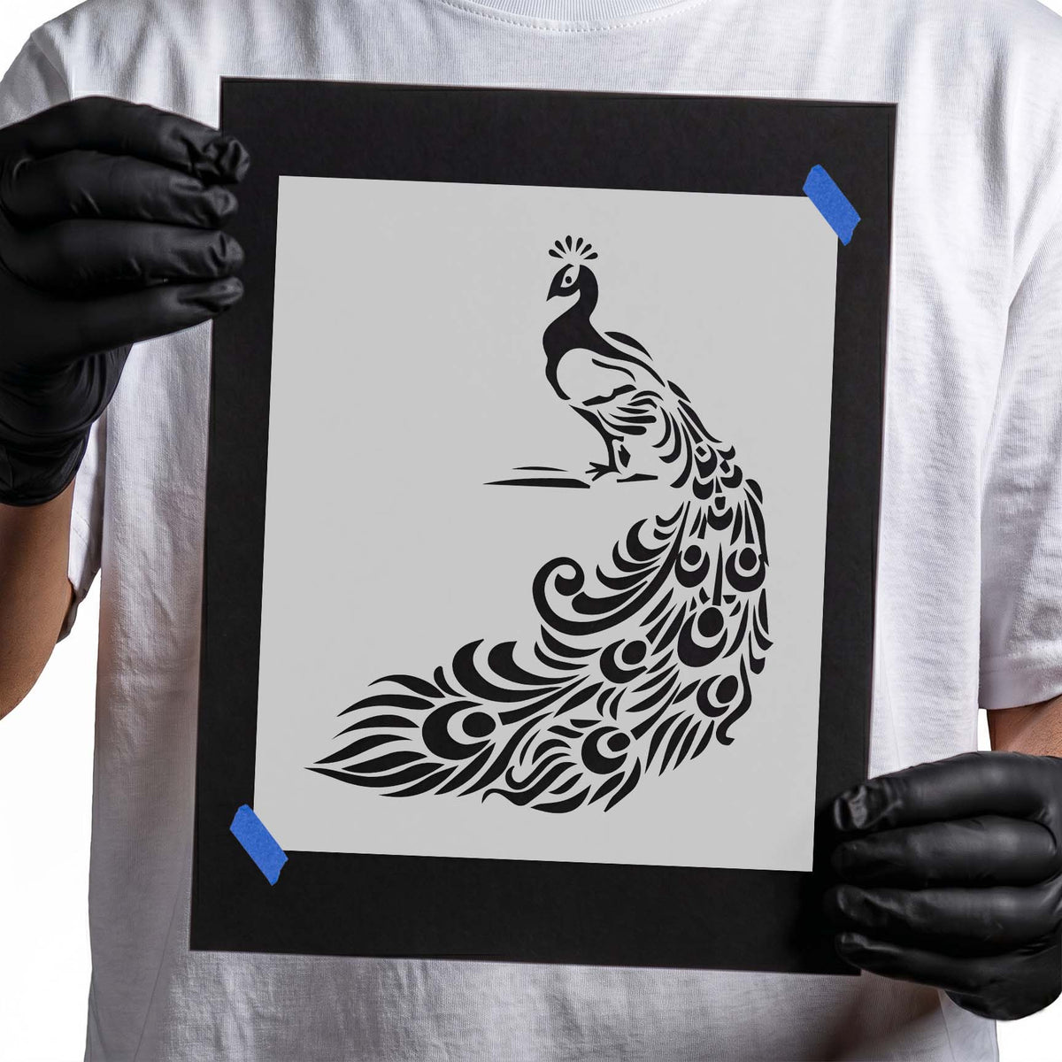 Peacock stencil with sweeping ornate tail feathers and decorative curls
