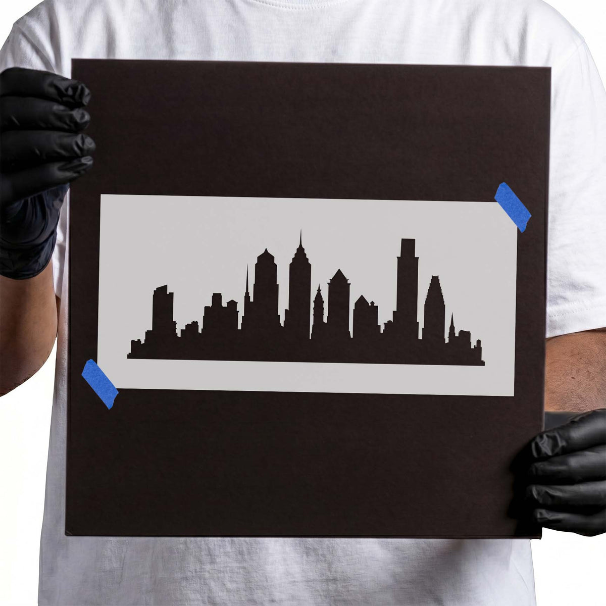Philadelphia skyline stencil with distinctive towers and high-rise silhouettes