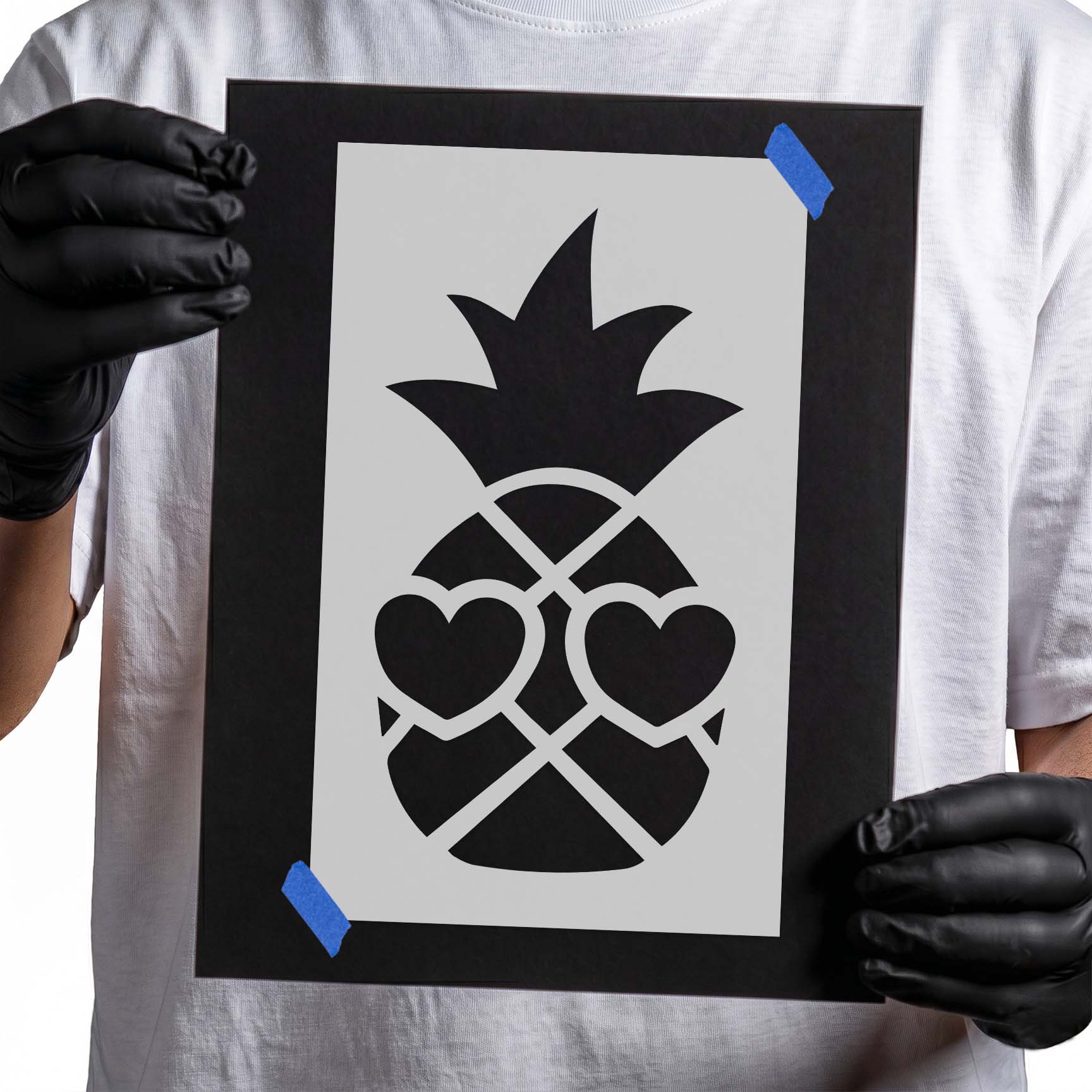 Pineapple stencil with heart eyes, geometric lines, and pointed crown