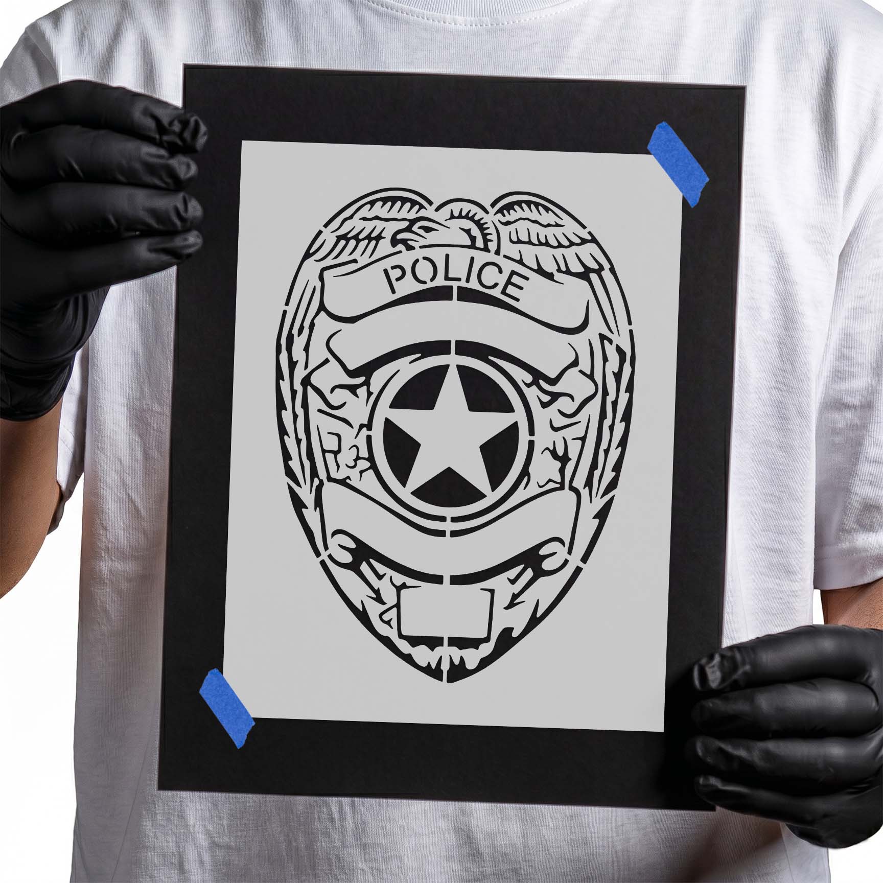 Person holding a Mylar Police Badge Stencil