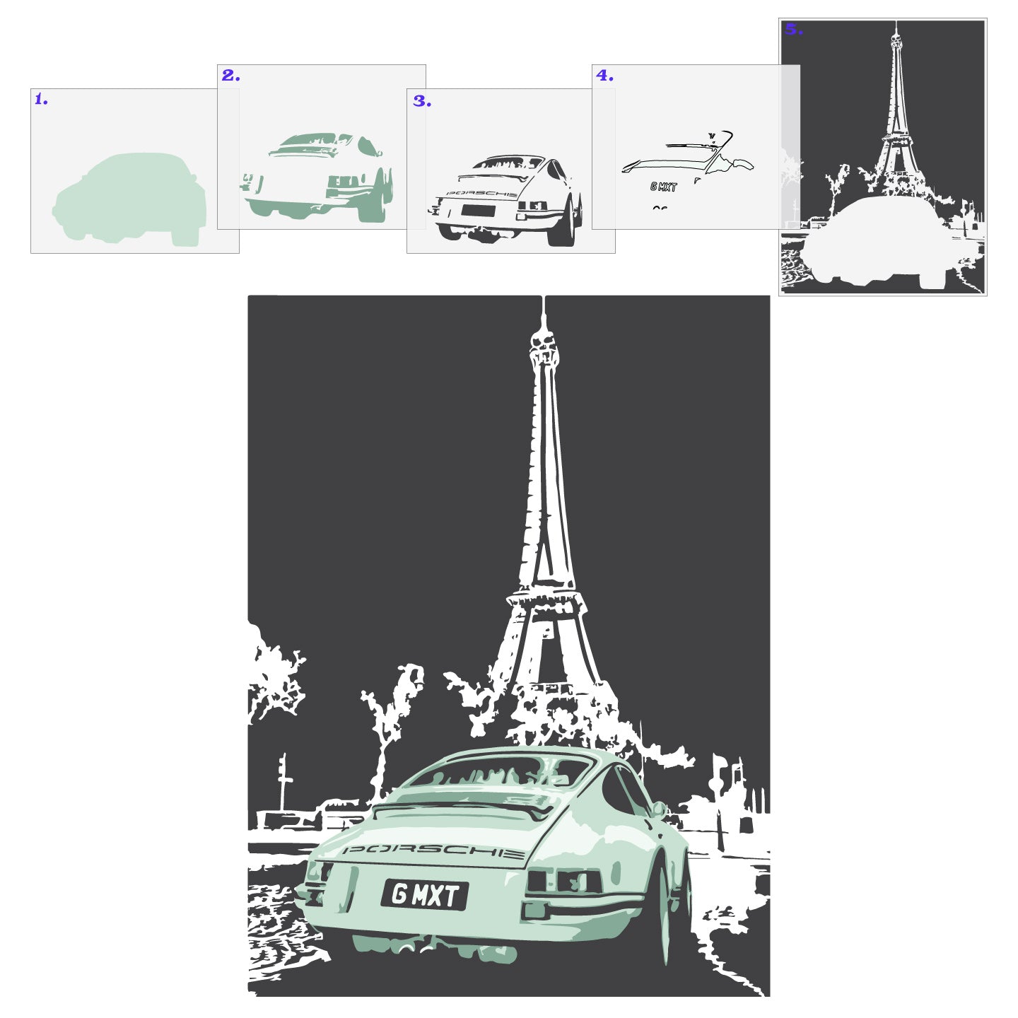 Conjunto de plantillas de 5 capas Porsche y Torre Eiffel