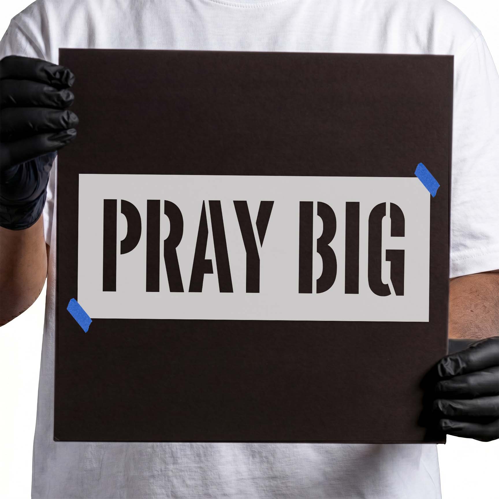 Pray Big stencil phrase in tall bold uppercase lettering