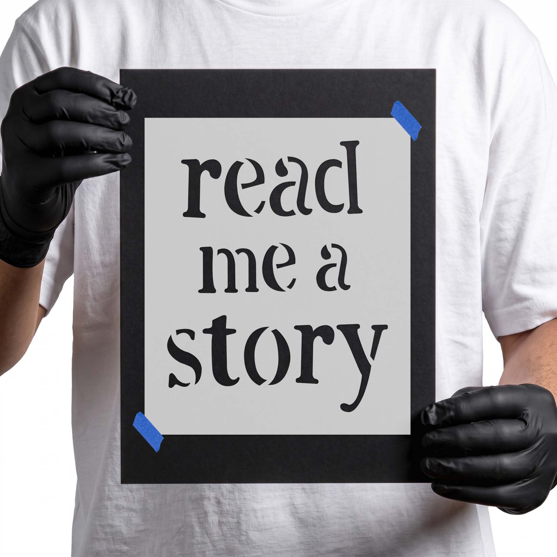 Read me a story phrase stencil in three-line lettering