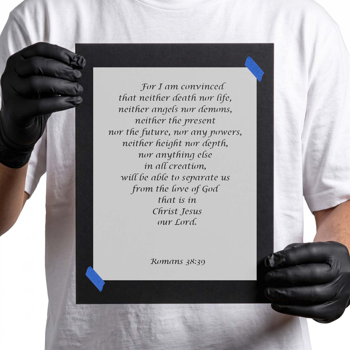 Romans 38:39 scripture stencil with elegant centered Bible verse lettering