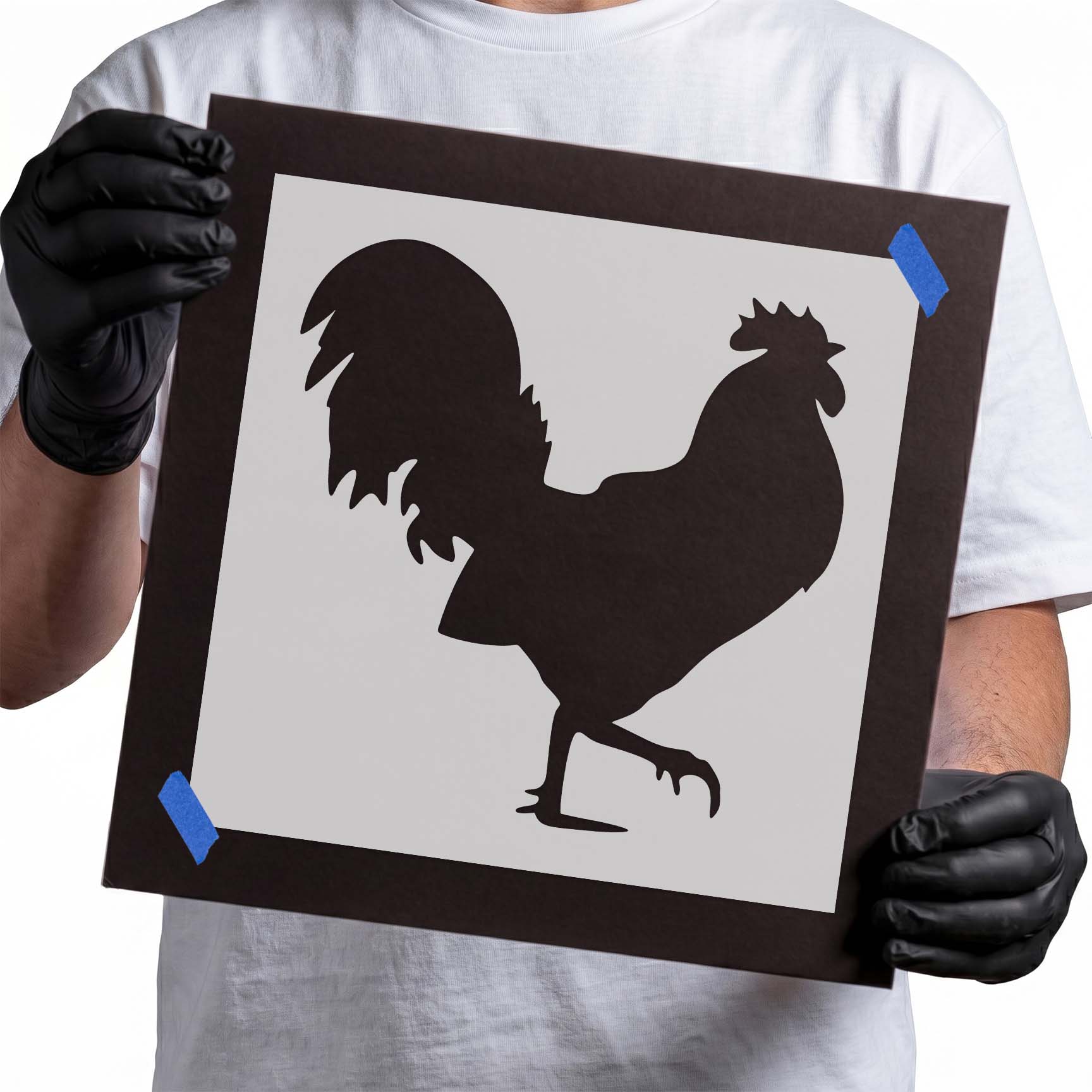 Rooster stencil with large tail feathers and prominent comb