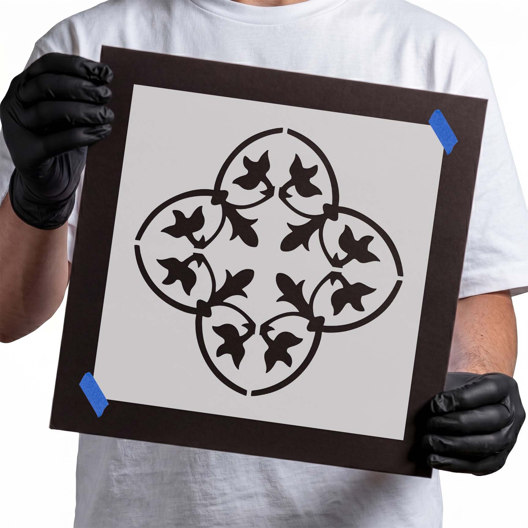 Rounded floral tile stencil with interlocking leaves and curved outlines