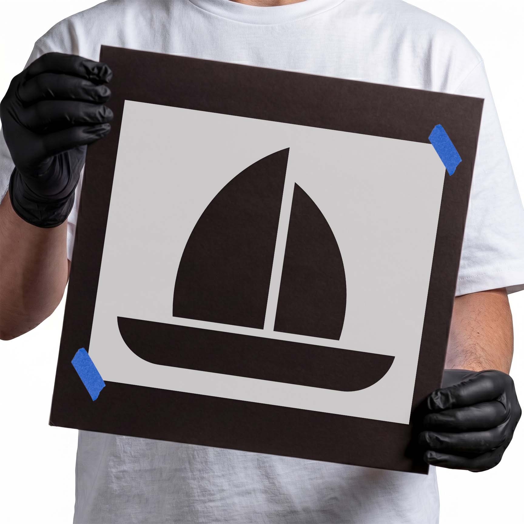 Sailboat stencil with two curved sails and streamlined hull