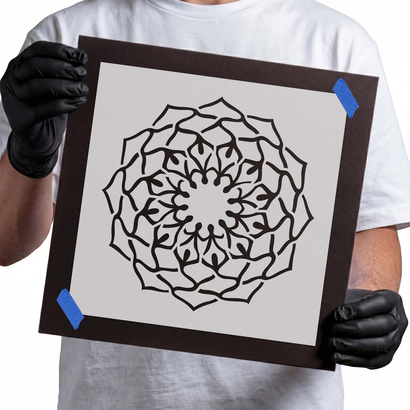 Circular mandala flower stencil with layered petals and leaf details