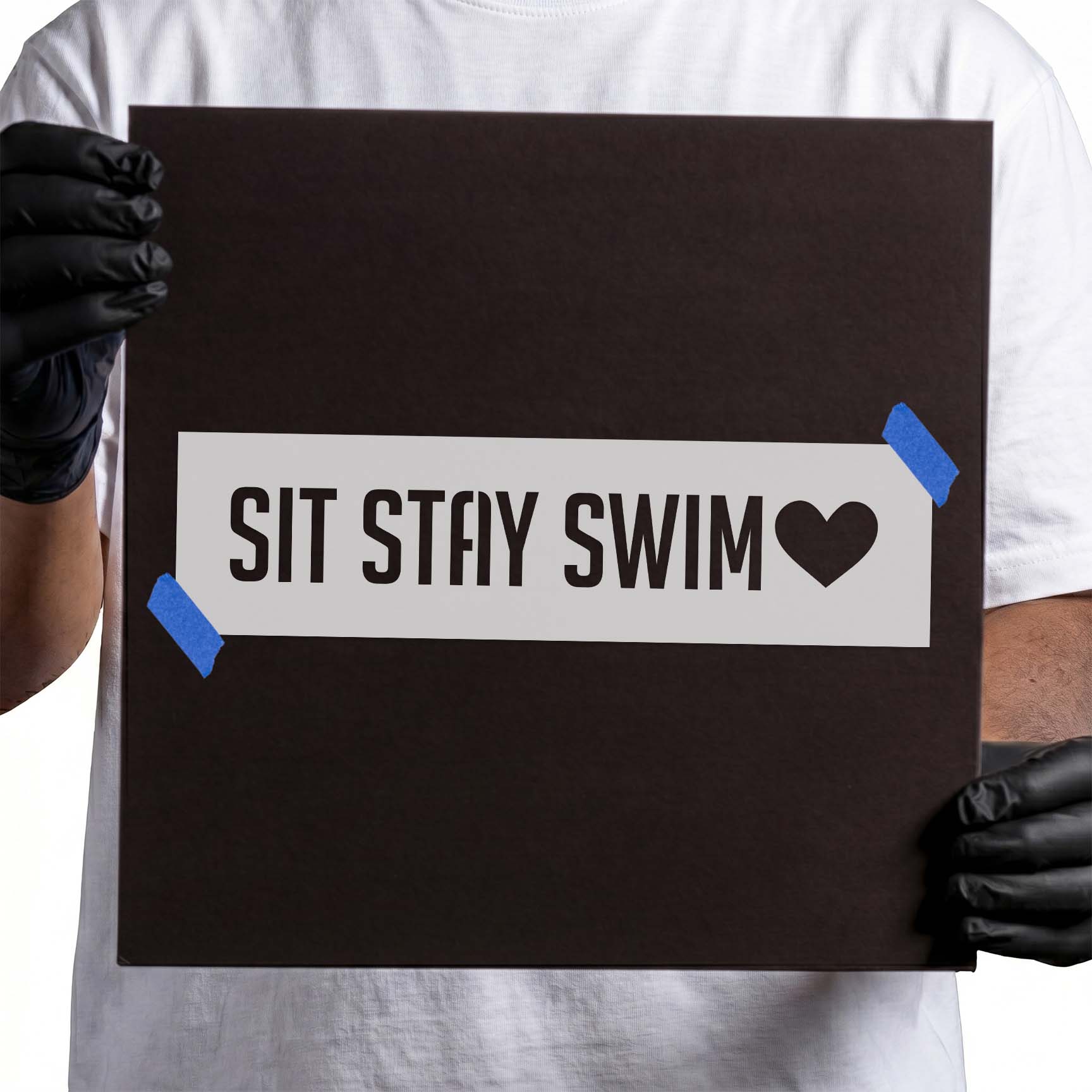 Sit stay swim stencil lettering with solid heart symbol