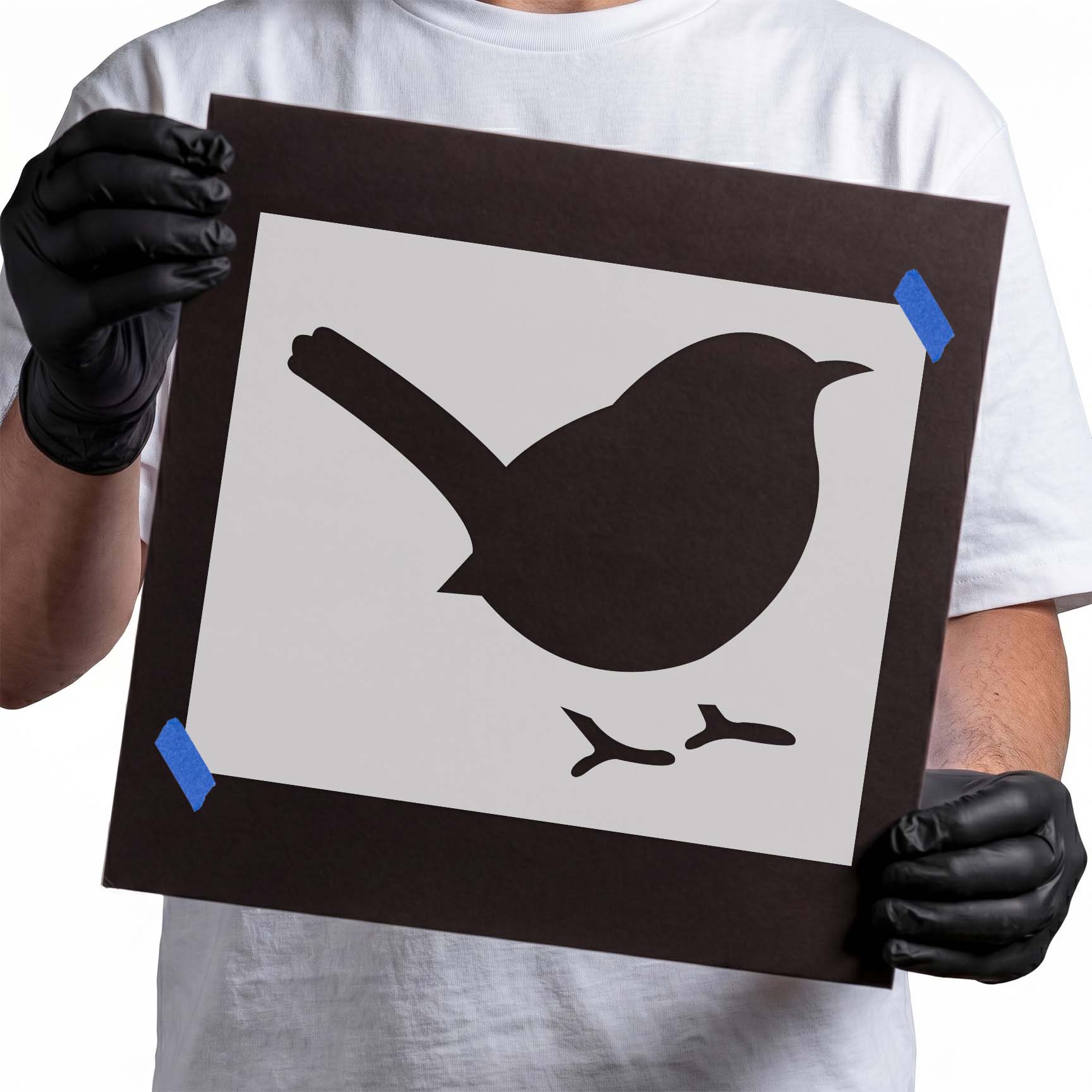 Song bird stencil with rounded body raised tail and pointed beak