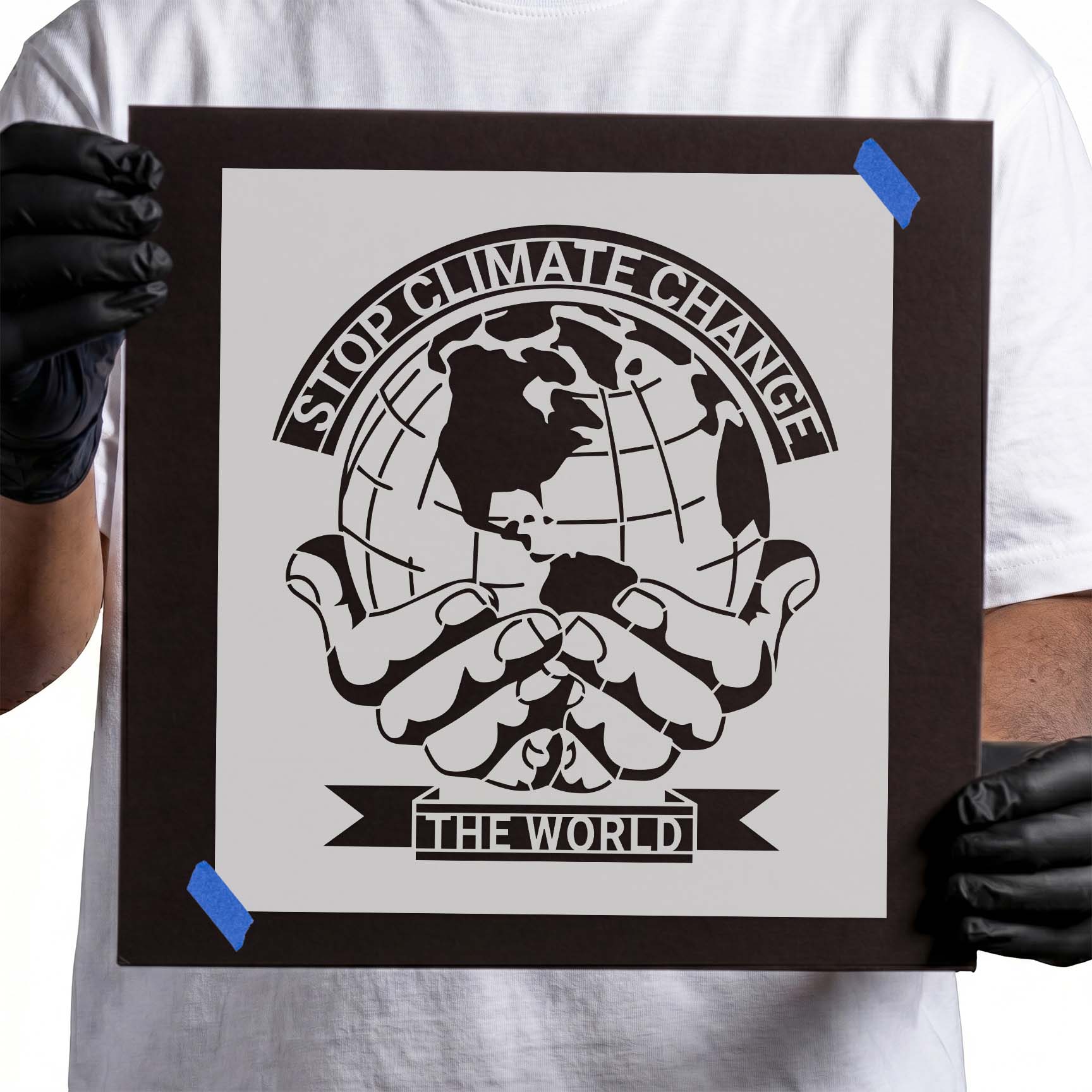 Climate change stencil with globe, intertwined hands, and bold lettering