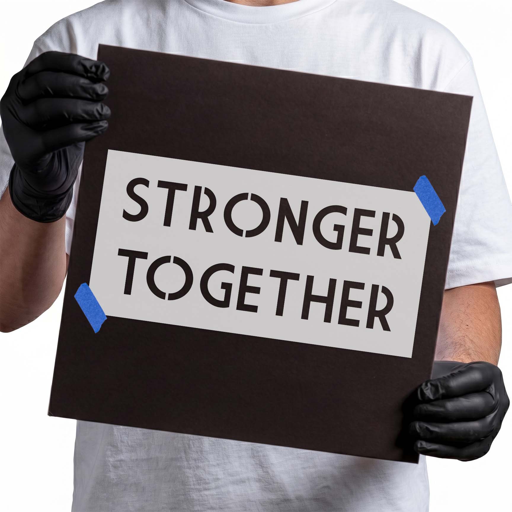 Stronger Together stencil with bold uppercase two-line lettering