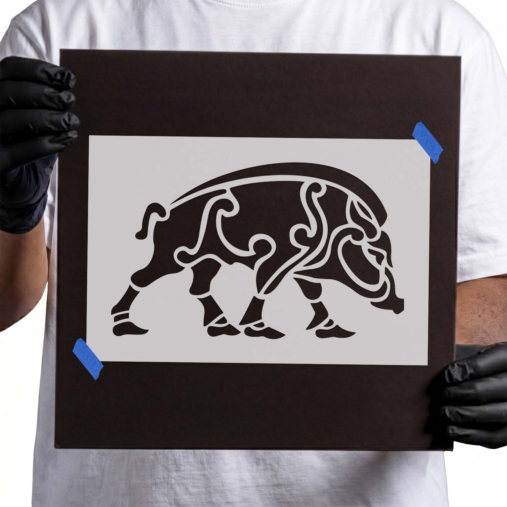 Wild boar stencil with flowing ornamental body details