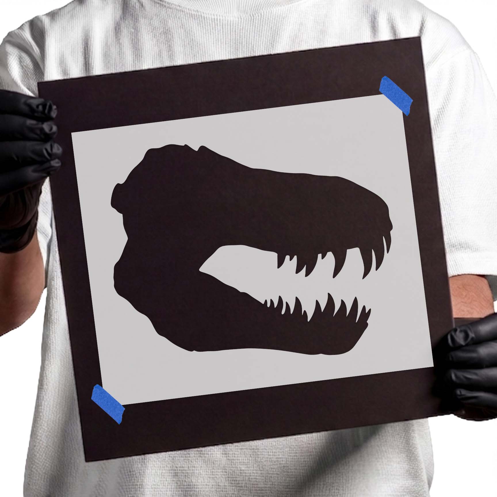 T-Rex skull stencil with open jaw and sharp teeth