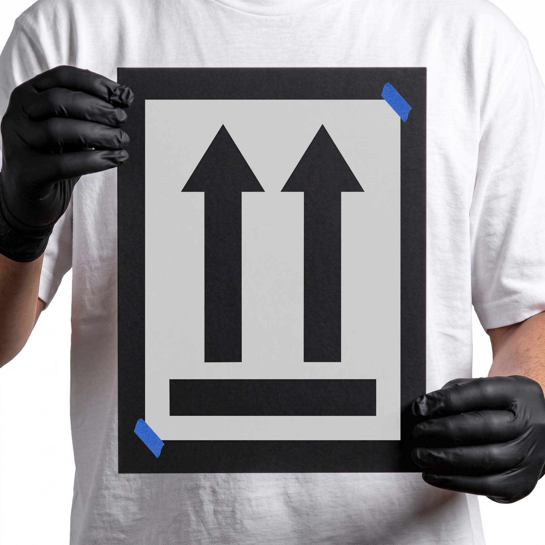 This side up stencil with two bold upward arrows and base line