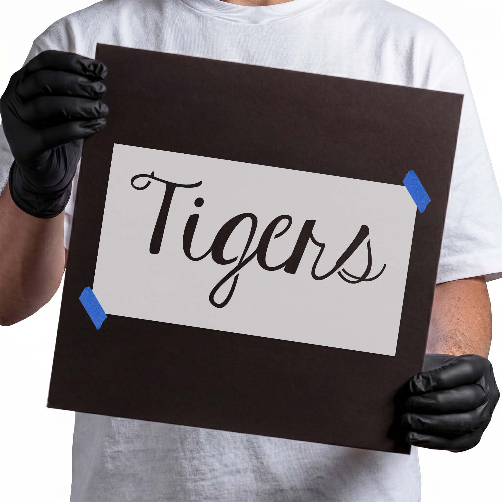 Tigers stencil featuring flowing script lettering with decorative flourishes