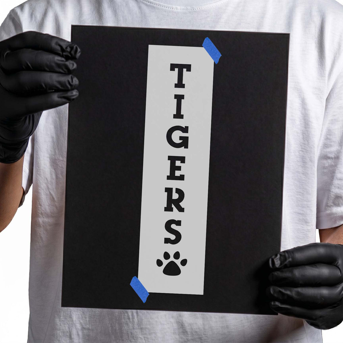 Vertical Tigers stencil with stacked lettering and paw print