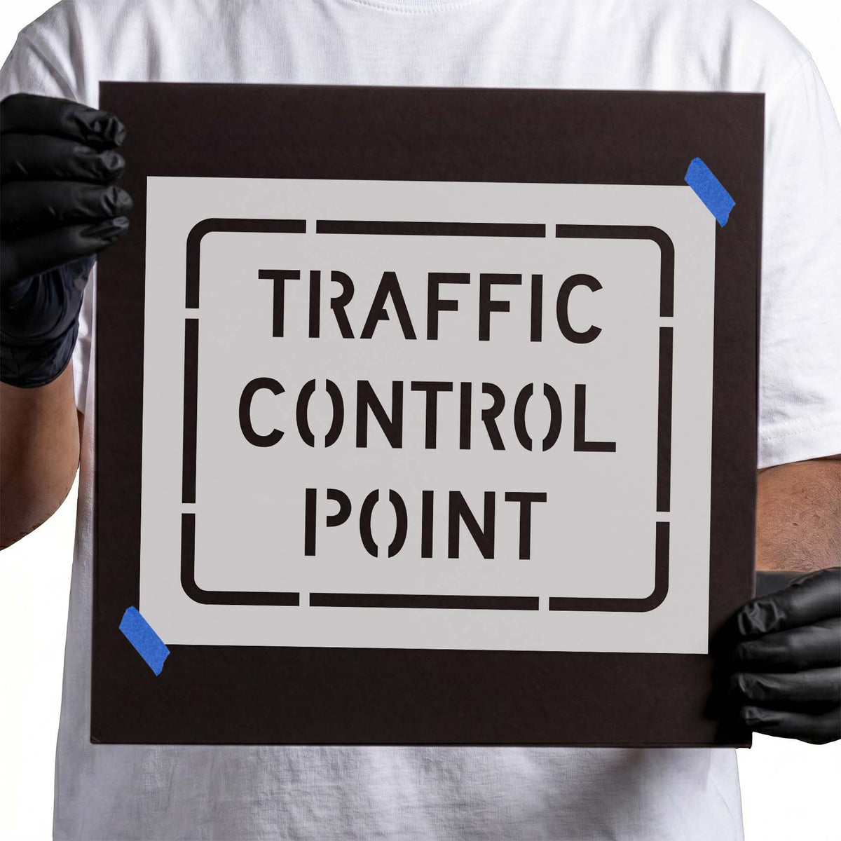 Traffic control point stencil with bold lettering and rectangular border