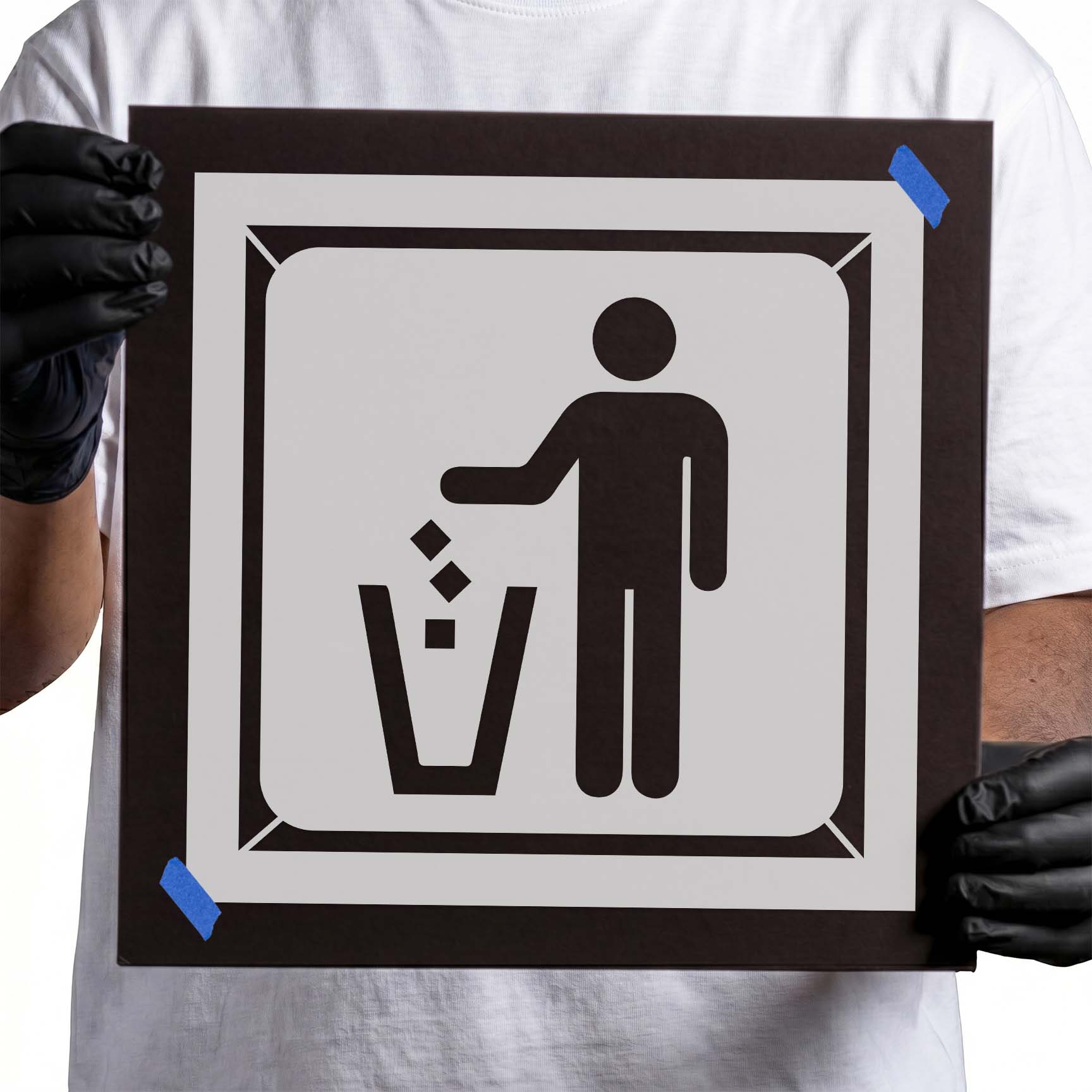 Trash can symbol stencil showing person placing waste into bin