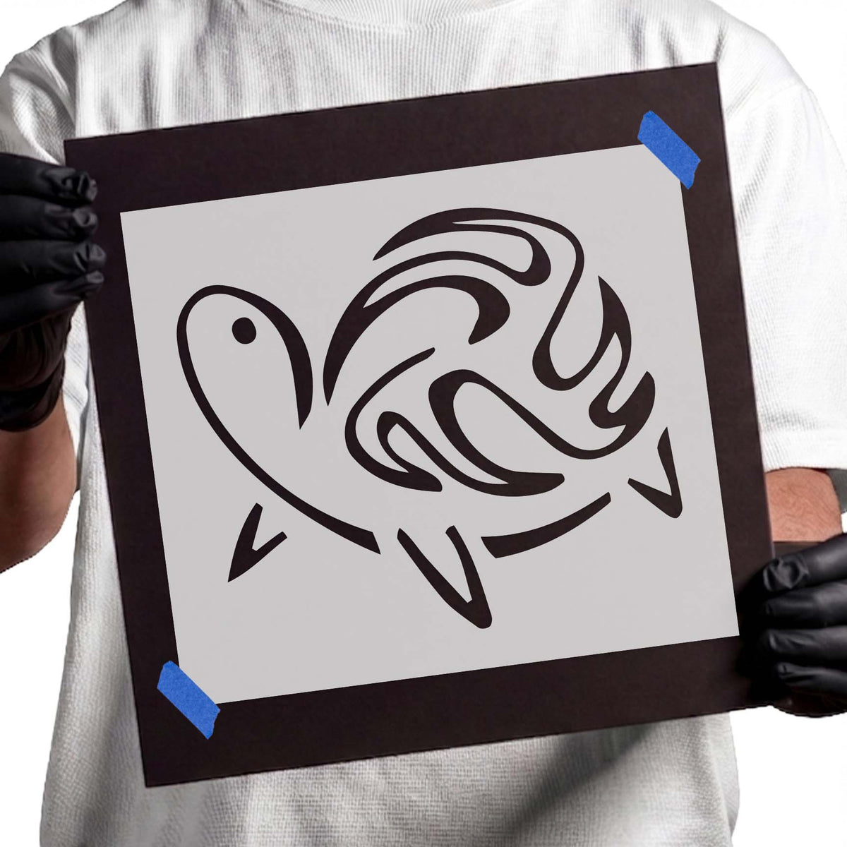 Abstract turtle stencil with flowing curves and stylized shell details