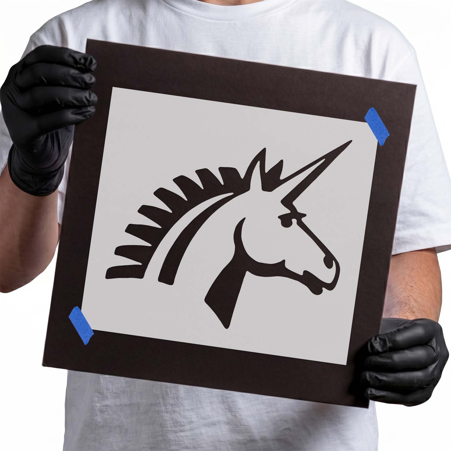 Unicorn head stencil with pointed horn and stylized sweeping mane
