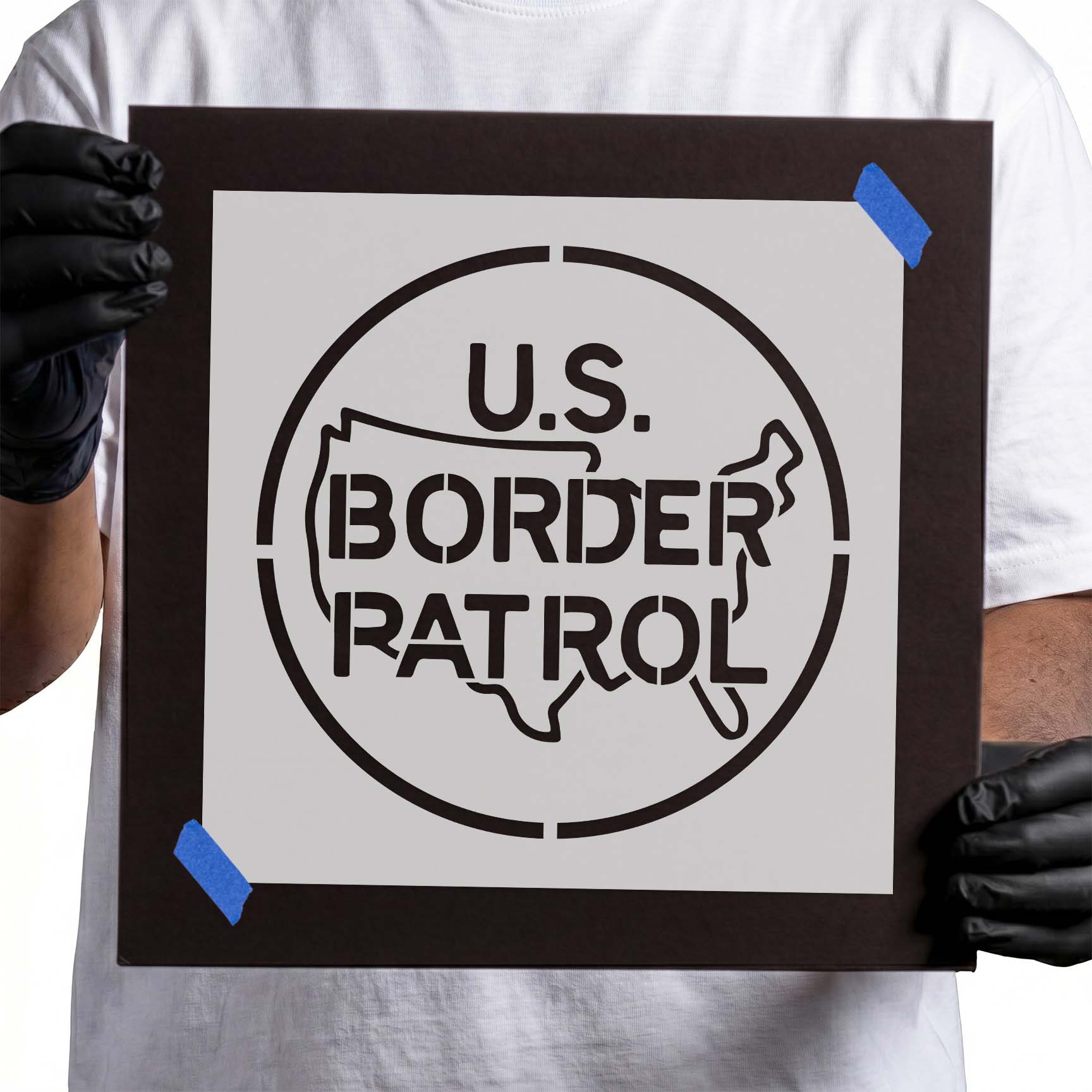 Person holding reusable US Border Patrol Logo Stencil