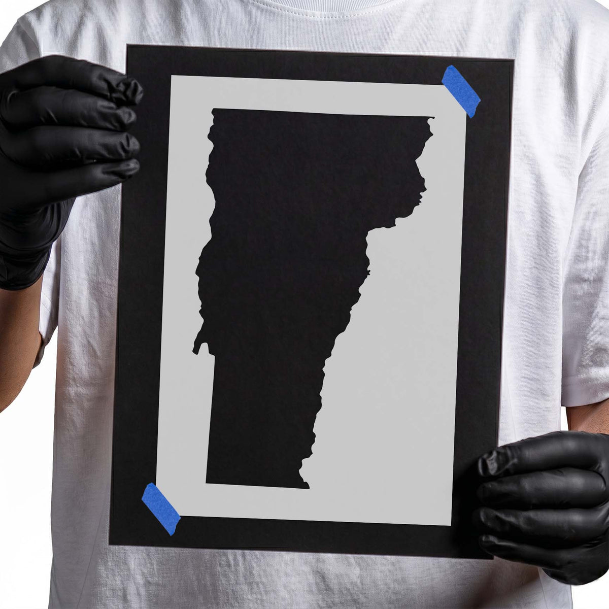 Vermont state outline stencil with a tall narrow map silhouette
