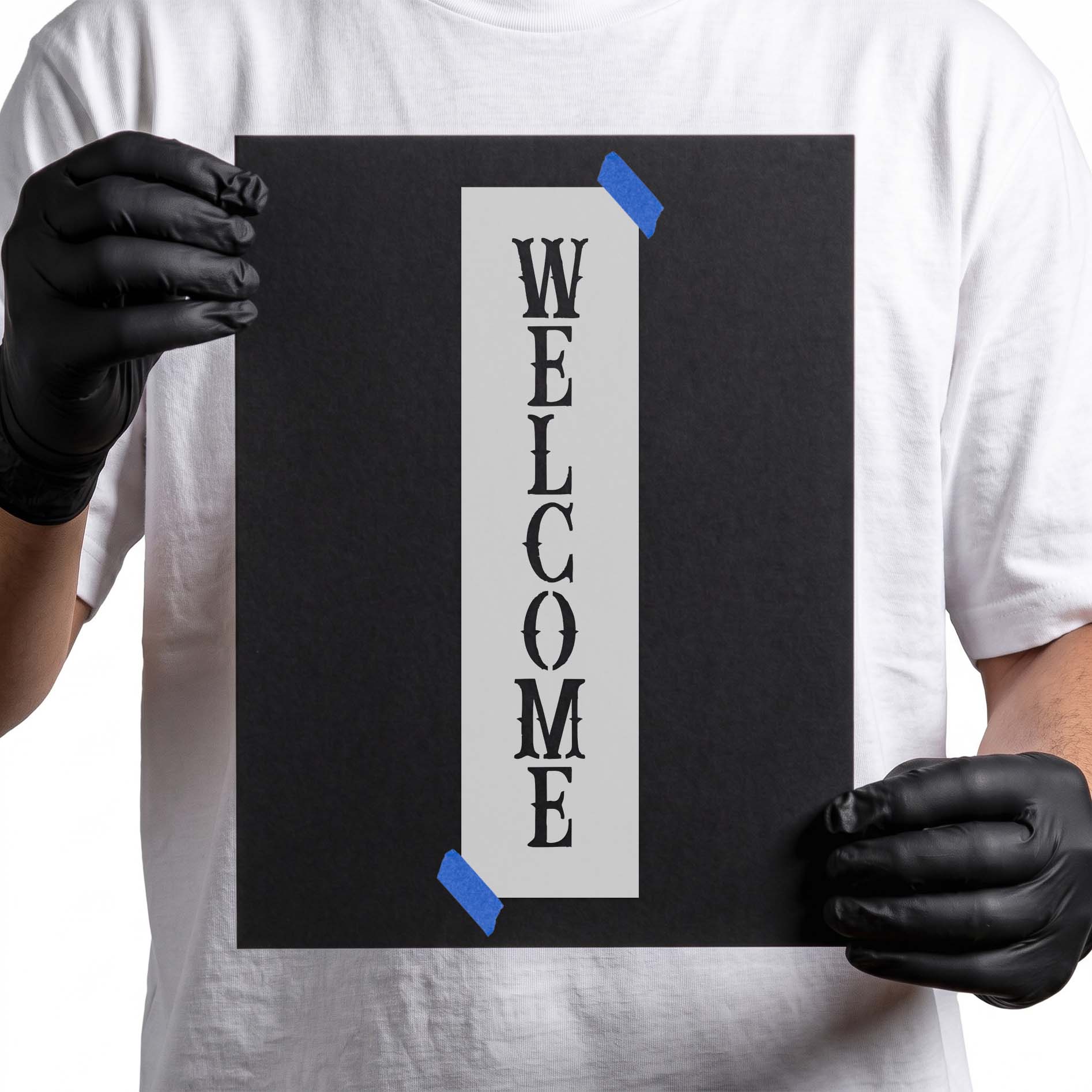 Vertical welcome stencil with bold stacked lettering