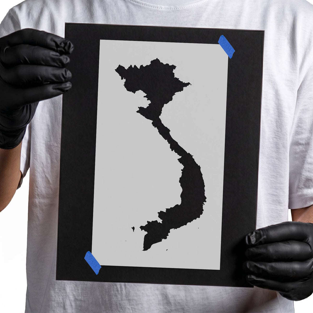 Vietnam map stencil featuring an S-shaped country silhouette with detailed coastlines and small islands