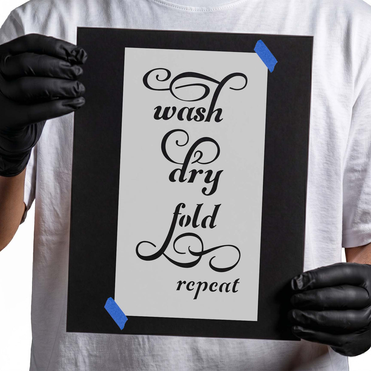 Laundry stencil with Wash Dry Fold Repeat decorative script lettering