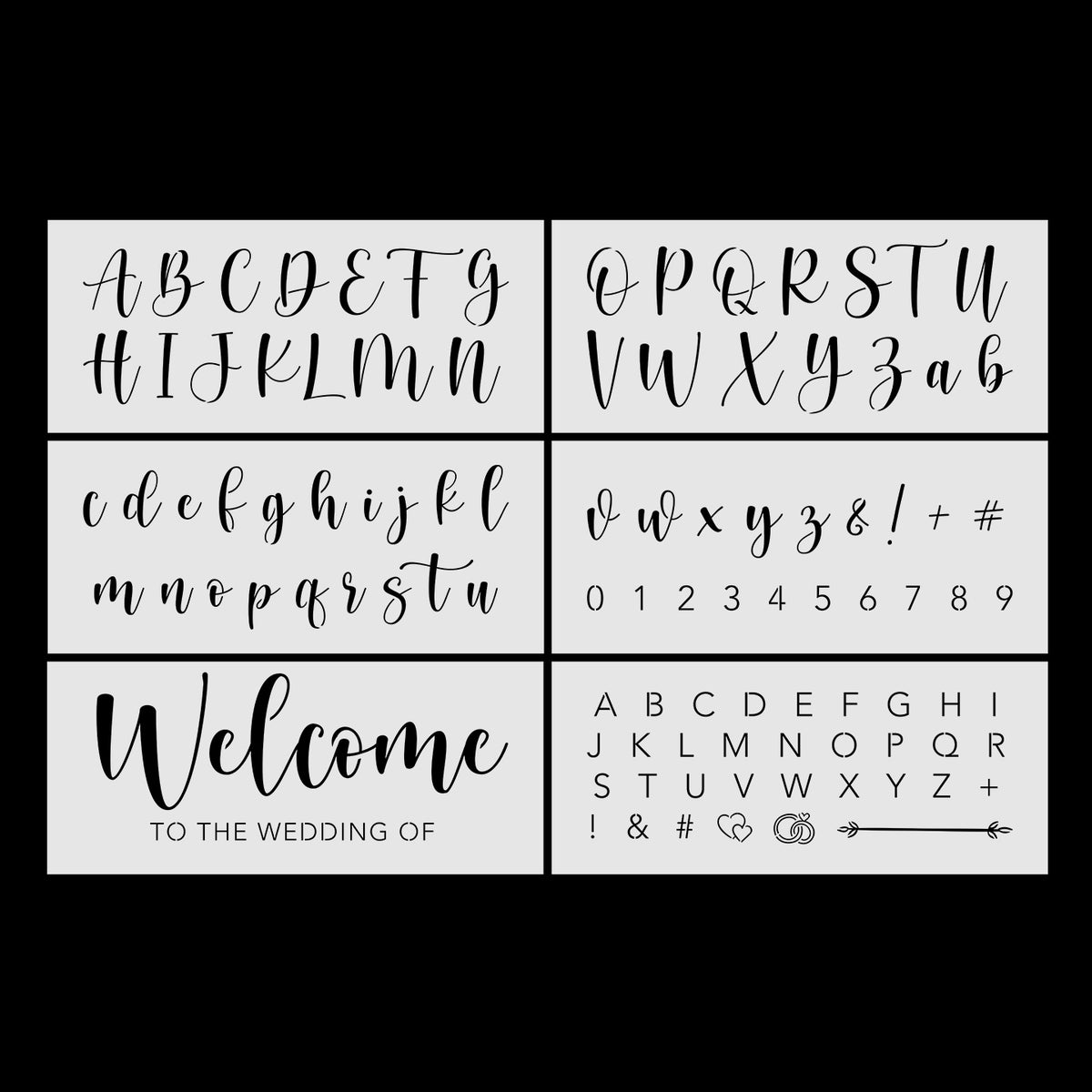 Wedding Stencils Set - Script Numbers, Letters, Symbols with calligraphy, numerals, and heart motifs